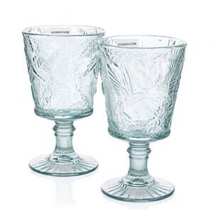 Set Of 2 GODINGER Aqua Pressed Glass Goblet Hummingbird Leaf Embossed 6.5 inch
